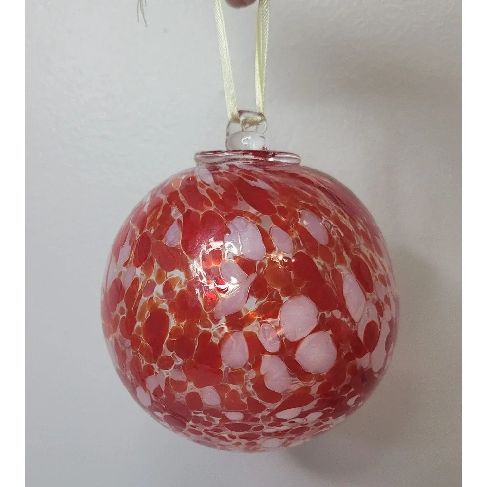 Red White Mottled Art Glass Ball Christmas Ornament‎ Hand Blown Round 4 Inch